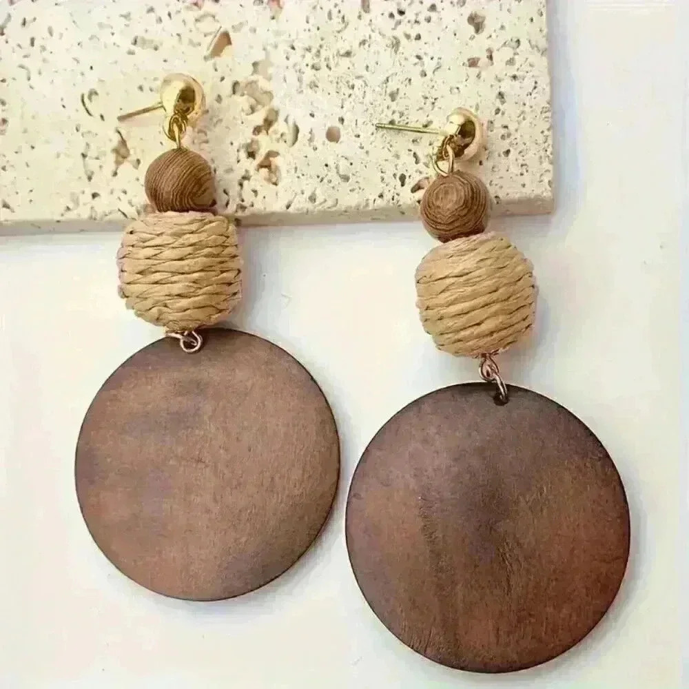 Boho Wooden Bead & Round Disc Dangle Earrings Set